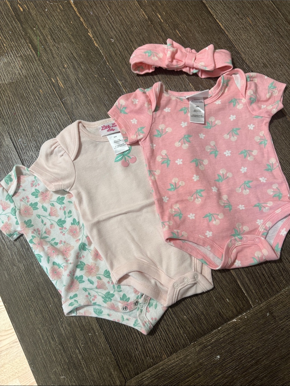 Little Lass Baby 4-Piece Bodysuit Set w/ Headband | 3-6 Months | Floral & Cherry